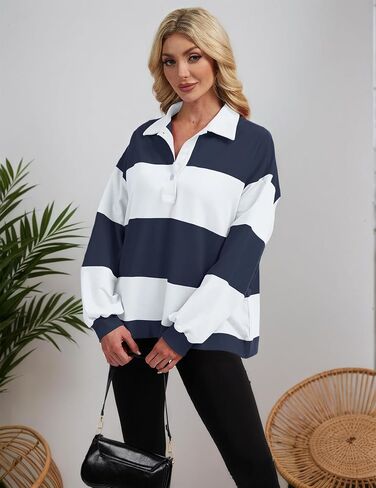 Womens Striped Color Block Polo Sweatshirt Rugby Shirt Oversized Long Sleeve Lapel Corllared Pullover Blouses in Kuwait