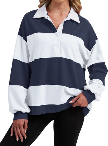 Womens Striped Color Block Polo Sweatshirt Rugby Shirt Oversized Long Sleeve Lapel Corllared Pullover Blouses in Kuwait