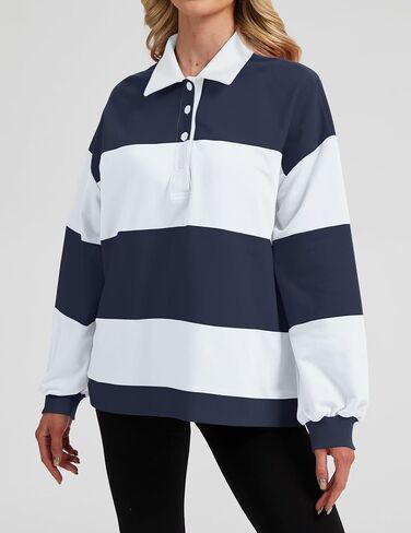 Womens Striped Color Block Polo Sweatshirt Rugby Shirt Oversized Long Sleeve Lapel Corllared Pullover Blouses in Kuwait