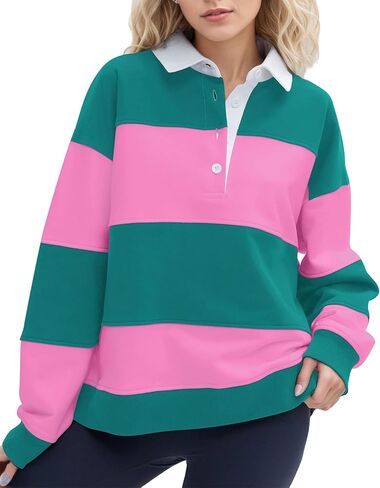 البلوزات النسائية بولو مخططة كتلة اللون قميص الرجبي قميص الرجبي المتضخم طويلة الأكمام طية صدر السترة Corllared البلوزات in Kuwait