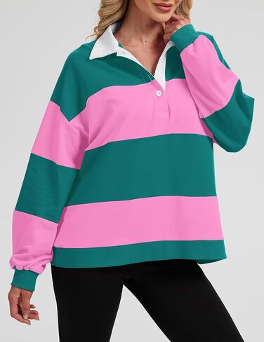 البلوزات النسائية بولو مخططة كتلة اللون قميص الرجبي قميص الرجبي المتضخم طويلة الأكمام طية صدر السترة Corllared البلوزات in Kuwait