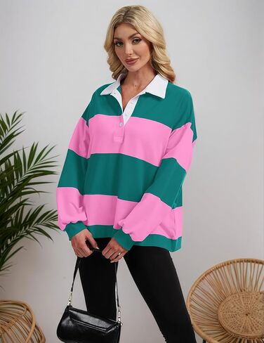 البلوزات النسائية بولو مخططة كتلة اللون قميص الرجبي قميص الرجبي المتضخم طويلة الأكمام طية صدر السترة Corllared البلوزات in Kuwait