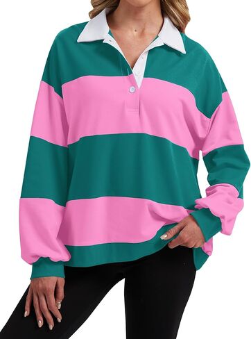 البلوزات النسائية بولو مخططة كتلة اللون قميص الرجبي قميص الرجبي المتضخم طويلة الأكمام طية صدر السترة Corllared البلوزات in Kuwait