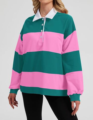 البلوزات النسائية بولو مخططة كتلة اللون قميص الرجبي قميص الرجبي المتضخم طويلة الأكمام طية صدر السترة Corllared البلوزات in Kuwait