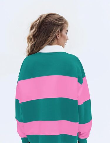 البلوزات النسائية بولو مخططة كتلة اللون قميص الرجبي قميص الرجبي المتضخم طويلة الأكمام طية صدر السترة Corllared البلوزات in Kuwait