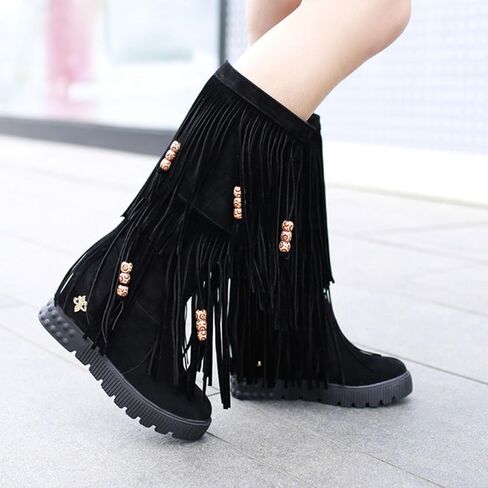 ZDLJYL Women's Fringe Suede Mid-Calf Boots,Fall Winter Cute Beaded Hidden Wedge Hippie Moccasin Boots Knee High Tassel Boots in Saudi Arabia
