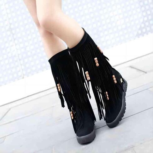 ZDLJYL Women's Fringe Suede Mid-Calf Boots,Fall Winter Cute Beaded Hidden Wedge Hippie Moccasin Boots Knee High Tassel Boots in Saudi Arabia