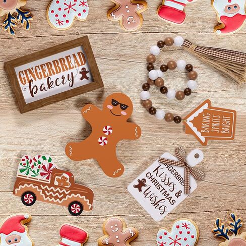 مجموعة ديكور صينية متدرجة لعيد الميلاد - 5 قطع علامات خشبية لخبز الزنجبيل ديكور عيد الميلاد خرزة إكليل الزنجبيل لزينة عيد الميلاد للمطبخ المنزلي in Kuwait