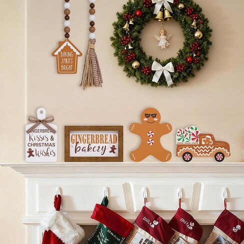 مجموعة ديكور صينية متدرجة لعيد الميلاد - 5 قطع علامات خشبية لخبز الزنجبيل ديكور عيد الميلاد خرزة إكليل الزنجبيل لزينة عيد الميلاد للمطبخ المنزلي in Kuwait