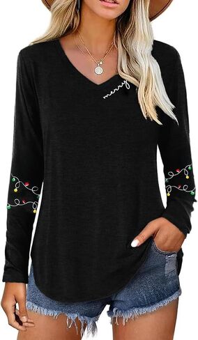 VKEGNIO Christmas Snowman Print Shirt for Women Cute Xmas Tree Santa Print Long Sleeve Tshirts Casual V Neck Fall Shirts Tops in Kuwait