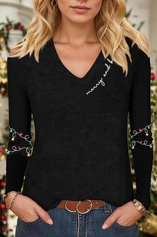 VKEGNIO Christmas Snowman Print Shirt for Women Cute Xmas Tree Santa Print Long Sleeve Tshirts Casual V Neck Fall Shirts Tops in Kuwait