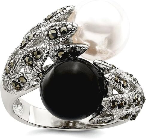 925 Sterling Silver Polished Artisan Oxidized Cubic Zirconia Black White Freshwater Cultured Pearl Ring Band Style-Ring for Women in Saudi Arabia