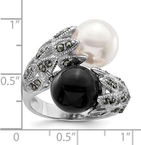 925 Sterling Silver Polished Artisan Oxidized Cubic Zirconia Black White Freshwater Cultured Pearl Ring Band Style-Ring for Women in Saudi Arabia