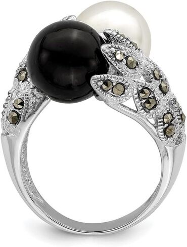 925 Sterling Silver Polished Artisan Oxidized Cubic Zirconia Black White Freshwater Cultured Pearl Ring Band Style-Ring for Women in Saudi Arabia