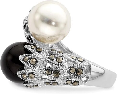 925 Sterling Silver Polished Artisan Oxidized Cubic Zirconia Black White Freshwater Cultured Pearl Ring Band Style-Ring for Women in Saudi Arabia