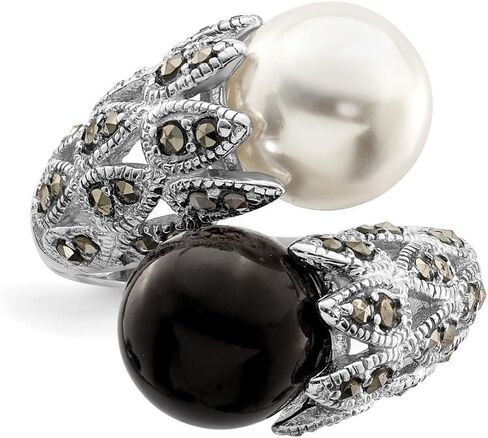 925 Sterling Silver Polished Artisan Oxidized Cubic Zirconia Black White Freshwater Cultured Pearl Ring Band Style-Ring for Women in Saudi Arabia