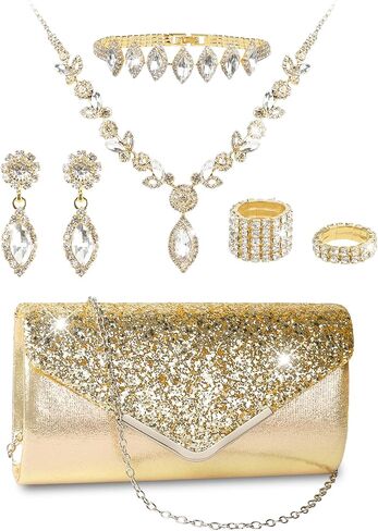 7Pcs Gold/Silver Rhinestone Jewelry Set for Women Prom Jewelry with Evening Clutch Purse, Bling Bracelets, Rhinestone Necklace and Earrings for Party Wedding Formal Bride Prom in Saudi Arabia