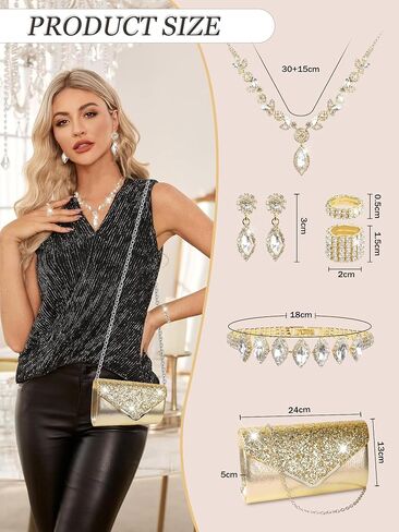 7Pcs Gold/Silver Rhinestone Jewelry Set for Women Prom Jewelry with Evening Clutch Purse, Bling Bracelets, Rhinestone Necklace and Earrings for Party Wedding Formal Bride Prom in Saudi Arabia