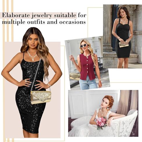 7Pcs Gold/Silver Rhinestone Jewelry Set for Women Prom Jewelry with Evening Clutch Purse, Bling Bracelets, Rhinestone Necklace and Earrings for Party Wedding Formal Bride Prom in Saudi Arabia