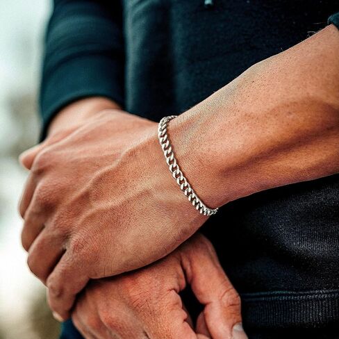 Silver Cuban Link Bracelet for Men, 925 Sterling Silver 5MM Cuban Chain Bracelet Diamond Cut Silver Bracelets Gifts for Boyfriends Father Husband in Saudi Arabia