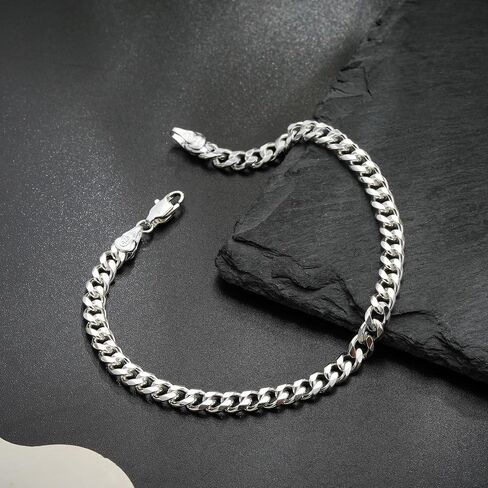 Silver Cuban Link Bracelet for Men, 925 Sterling Silver 5MM Cuban Chain Bracelet Diamond Cut Silver Bracelets Gifts for Boyfriends Father Husband in Saudi Arabia