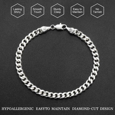 Silver Cuban Link Bracelet for Men, 925 Sterling Silver 5MM Cuban Chain Bracelet Diamond Cut Silver Bracelets Gifts for Boyfriends Father Husband in Saudi Arabia