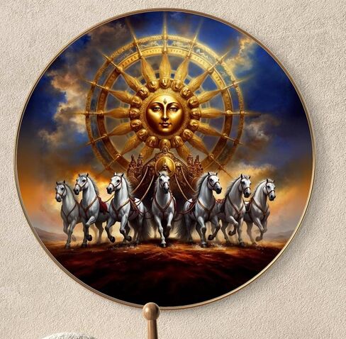 Livin'luxe paintings Surya dev with 7 Running horses Wall Painting with Frame - Sparkle Glossy Round Golden Framed Large Painting for Office, Living Room, Bedroom, Home Wall Decoration in Saudi Arabia