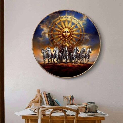 Livin'luxe paintings Surya dev with 7 Running horses Wall Painting with Frame - Sparkle Glossy Round Golden Framed Large Painting for Office, Living Room, Bedroom, Home Wall Decoration in Saudi Arabia