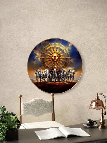 Livin'luxe paintings Surya dev with 7 Running horses Wall Painting with Frame - Sparkle Glossy Round Golden Framed Large Painting for Office, Living Room, Bedroom, Home Wall Decoration in Saudi Arabia