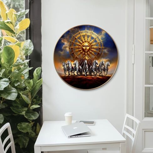 Livin'luxe paintings Surya dev with 7 Running horses Wall Painting with Frame - Sparkle Glossy Round Golden Framed Large Painting for Office, Living Room, Bedroom, Home Wall Decoration in Saudi Arabia