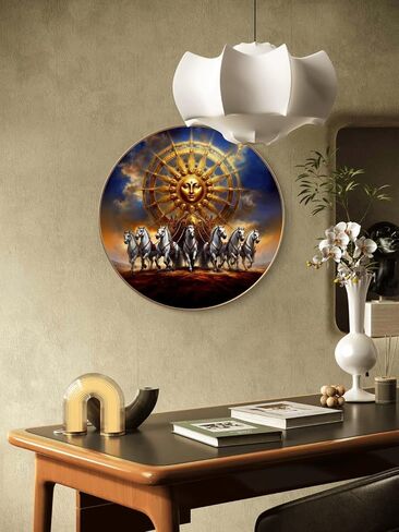 Livin'luxe paintings Surya dev with 7 Running horses Wall Painting with Frame - Sparkle Glossy Round Golden Framed Large Painting for Office, Living Room, Bedroom, Home Wall Decoration in Saudi Arabia