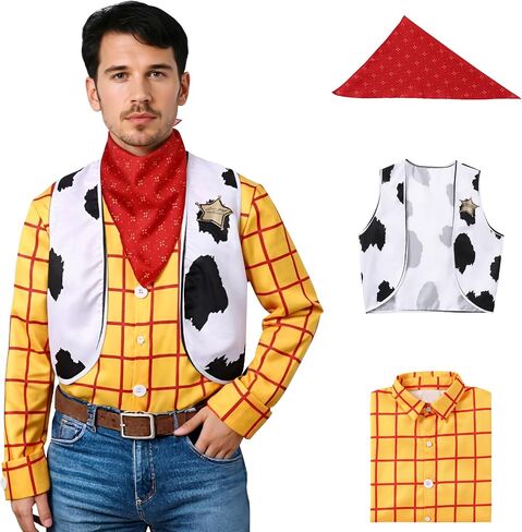 Cowboy Costume for Men with Yellow Plaid Button Down Shirt Men Cowboy Vest Cow Print Vest Halloween Western Outfit in Saudi Arabia