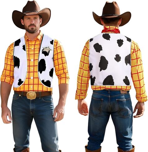 Cowboy Costume for Men with Yellow Plaid Button Down Shirt Men Cowboy Vest Cow Print Vest Halloween Western Outfit in Saudi Arabia