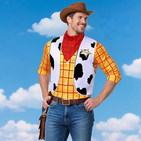 Cowboy Costume for Men with Yellow Plaid Button Down Shirt Men Cowboy Vest Cow Print Vest Halloween Western Outfit in Saudi Arabia