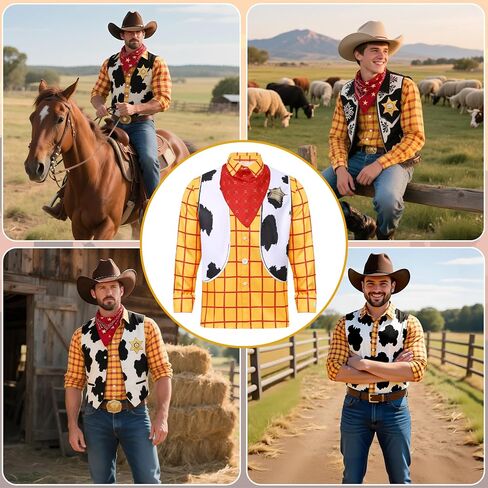 Cowboy Costume for Men with Yellow Plaid Button Down Shirt Men Cowboy Vest Cow Print Vest Halloween Western Outfit in Saudi Arabia