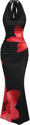 GORGLITTER Women's Cowl Halter Tie Neck Backless Fishtail Maxi Dress Formal Cocktail Long Dresses 2025 Elegant Classy in Saudi Arabia