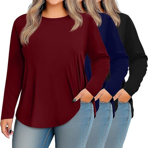 Ficerd 3 Pack Womens Plus Size Long Sleeve Tops Crew Neck Loose Fit T Shirt Stretchy Casual Winter Tops Basic Tees Shirts in Kuwait