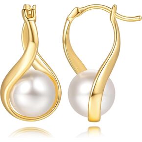 Pearl Earrings for Women Gold Hoop Earrings Solitaire 14K Gold Earrings for Women Teardrop-Shaped with Twisted Lines Eye-catching Pearl Drop Dangle Hoop Earring for Womens in Saudi Arabia