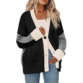 Saodimallsu Womens V Neck Cardigan Sweaters Color Block Button Oversized Long Sleeve Open Front Knit Sweater Coats in Saudi Arabia