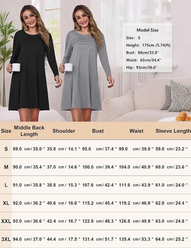 Marvmys Womens 2 Pack Long Sleeve Nightgowns Cotton Sleepshirt Pleated Nightshirt Printed Sleep Dress with Pockets S-3XL in Saudi Arabia