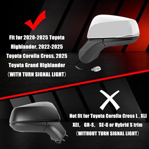 Black Direct Replacement Side Mirror Covers Caps for 2020-2024 Toyota Highlander, 2024 Toyota Grand Highlander and 2022-2024 Toyota Corolla Cross (With Turn Signal Light Model) in Kuwait