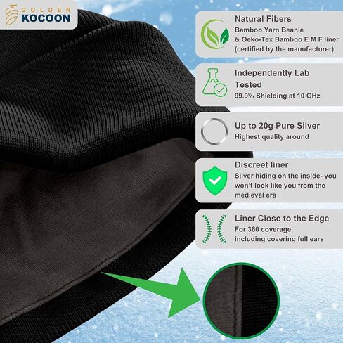 Golden Kocoon® -E-M-F Bamboo Viscose Beanie with EcoShield™ Tech Bamboo Lyocell Faraday Fabric Silver Liner-Adult Size in Grey -5 g, Cell Towers,Bluetooth,Smart Meters & WiFi- Golden Cocoon Hat Cap in Saudi Arabia