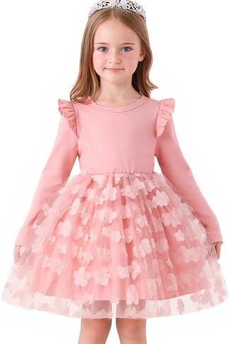 Cute Toddler Girl Princess Tulle Dress Long Sleeve Cotton Sundress Little Girls' Party Dresses,Size 2-9 Y in Saudi Arabia
