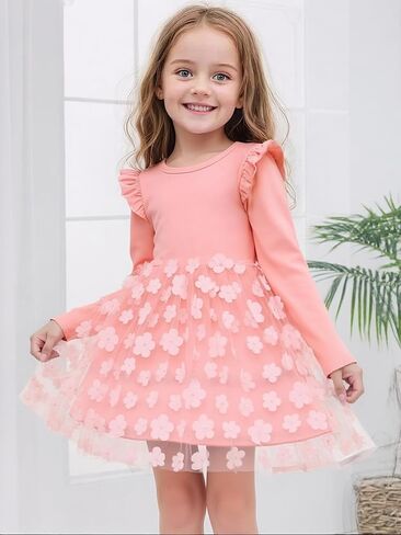 Cute Toddler Girl Princess Tulle Dress Long Sleeve Cotton Sundress Little Girls' Party Dresses,Size 2-9 Y in Saudi Arabia