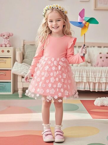 Cute Toddler Girl Princess Tulle Dress Long Sleeve Cotton Sundress Little Girls' Party Dresses,Size 2-9 Y in Saudi Arabia