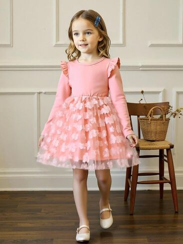 Cute Toddler Girl Princess Tulle Dress Long Sleeve Cotton Sundress Little Girls' Party Dresses,Size 2-9 Y in Saudi Arabia