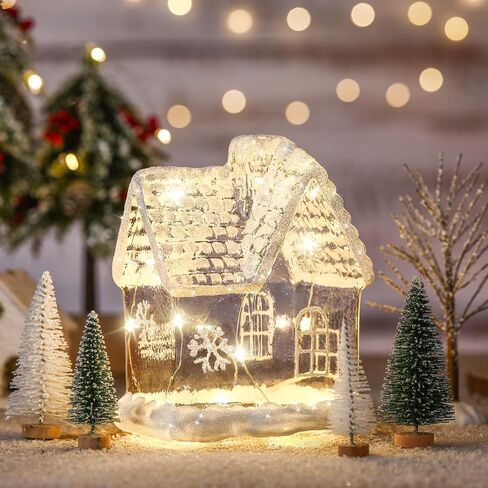 6 Pcs 6.3'' Lighted Christmas Village Set Large Glass Christmas Village Houses with 5 Xmas Trees Glitter Christmas Decorations Indoor Winter White Christmas Tabletop Decor for Xmas Holiday in Saudi Arabia