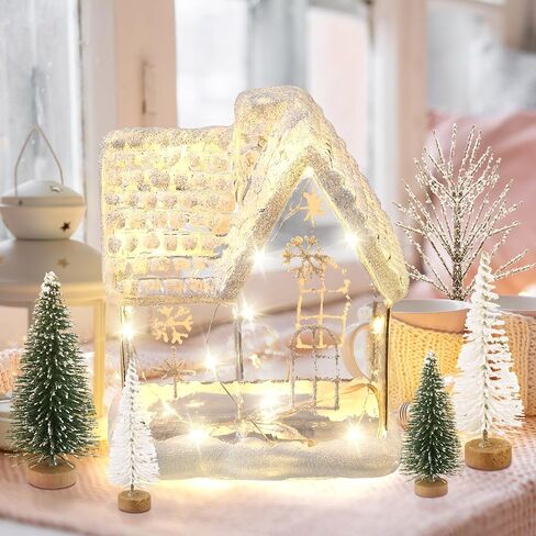 6 Pcs 6.3'' Lighted Christmas Village Set Large Glass Christmas Village Houses with 5 Xmas Trees Glitter Christmas Decorations Indoor Winter White Christmas Tabletop Decor for Xmas Holiday in Saudi Arabia