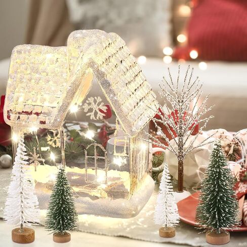 6 Pcs 6.3'' Lighted Christmas Village Set Large Glass Christmas Village Houses with 5 Xmas Trees Glitter Christmas Decorations Indoor Winter White Christmas Tabletop Decor for Xmas Holiday in Saudi Arabia