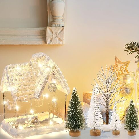 6 Pcs 6.3'' Lighted Christmas Village Set Large Glass Christmas Village Houses with 5 Xmas Trees Glitter Christmas Decorations Indoor Winter White Christmas Tabletop Decor for Xmas Holiday in Saudi Arabia